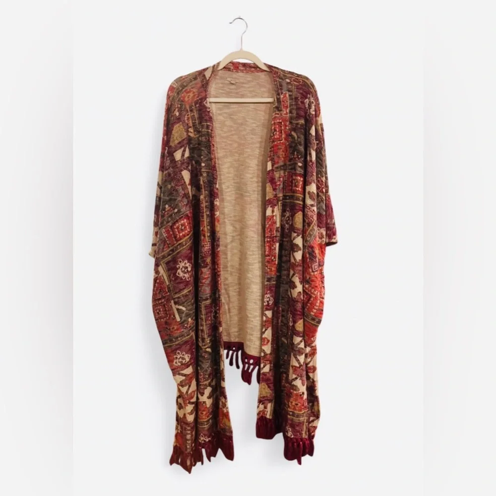 Ecote Boho Tapestry Fringe Kimono Cardigan One Size